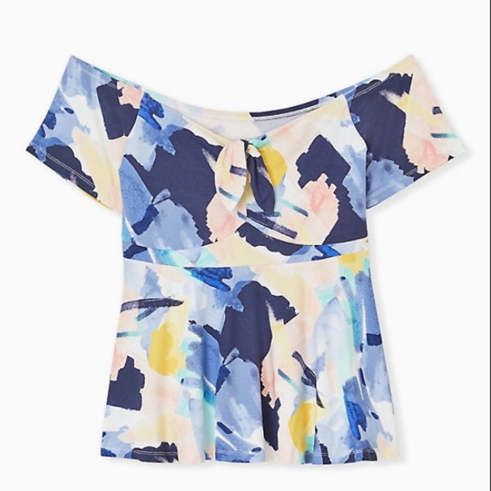 SUPER SOFT TIE FRONT OFF SHOULDER PEPLUM TOP